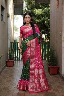 Green And Pink Woven Design Bandhej silk blend Saree With Blouse 1
