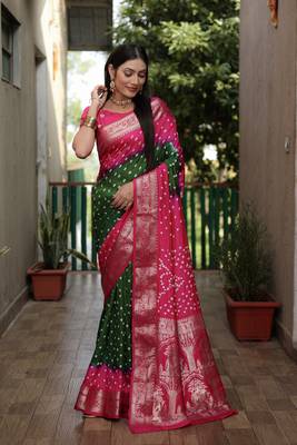 Green And Pink Woven Design Bandhej silk blend Saree With Blouse 2