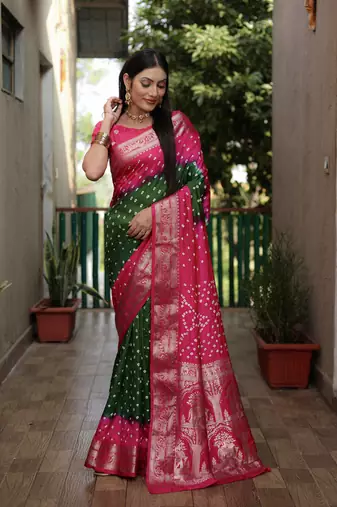 Green And Pink Woven Design Bandhej silk blend Saree With Blouse