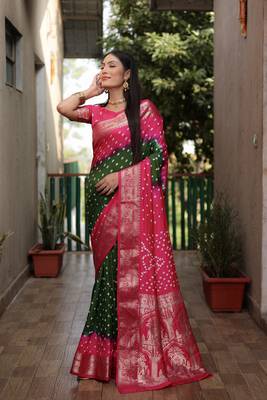 Green And Pink Woven Design Bandhej silk blend Saree With Blouse 3