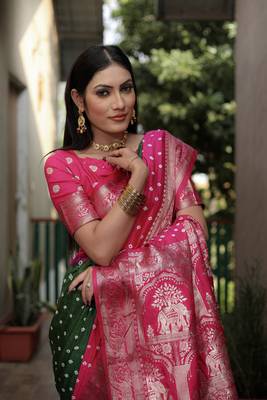 Green And Pink Woven Design Bandhej silk blend Saree With Blouse 4