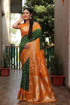 Green And Mustard Woven Design Bandhej silk blend Saree With Blouse 1