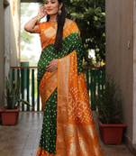 Green And Mustard Woven Design Bandhej silk blend Saree With Blouse