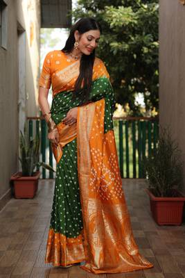 Green And Mustard Woven Design Bandhej silk blend Saree With Blouse 2