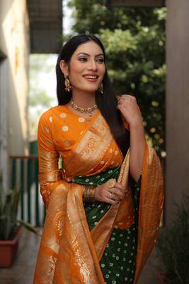 Green And Mustard Woven Design Bandhej silk blend Saree With Blouse 3