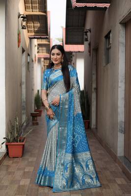 Light Grey And Blue Woven Design Bandhej silk blend Saree With Blouse 1