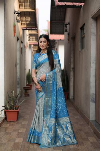 Light Grey And Blue Woven Design Bandhej silk blend Saree With Blouse