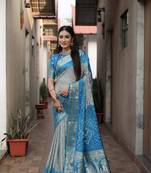 Light Grey And Blue Woven Design Bandhej silk blend Saree With Blouse