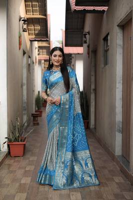 Light Grey And Blue Woven Design Bandhej silk blend Saree With Blouse 2