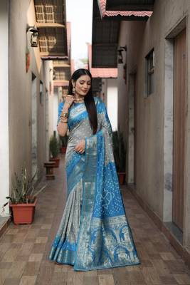 Light Grey And Blue Woven Design Bandhej silk blend Saree With Blouse 3