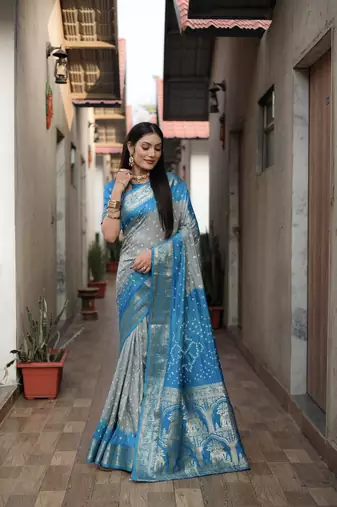 Light Grey And Blue Woven Design Bandhej silk blend Saree With Blouse