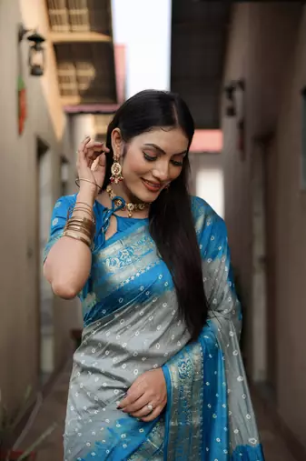 Light Grey And Blue Woven Design Bandhej silk blend Saree With Blouse