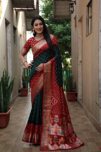 Dark Green And Red Woven Design Bandhej Silk Saree With Blouse