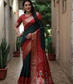 Dark Green And Red Woven Design Bandhej silk blend Saree With Blouse