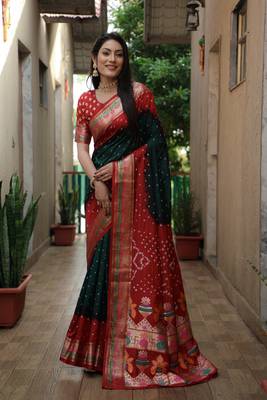 Dark Green And Red Woven Design Bandhej silk blend Saree With Blouse 2