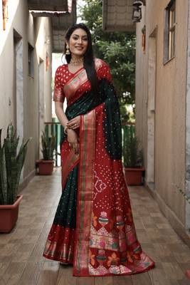 Dark Green And Red Woven Design Bandhej silk blend Saree With Blouse 3