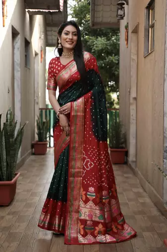 Dark Green And Red Woven Design Bandhej silk blend Saree With Blouse
