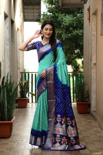 Sky Blue And Blue Woven Design Bandhej Silk Saree With Blouse