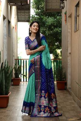Sky Blue And Blue Woven Design Bandhej silk blend Saree With Blouse 2
