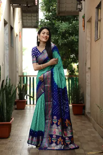 Sky Blue And Blue Woven Design Bandhej silk blend Saree With Blouse