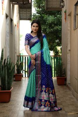 Sky Blue And Blue Woven Design Bandhej silk blend Saree With Blouse 3