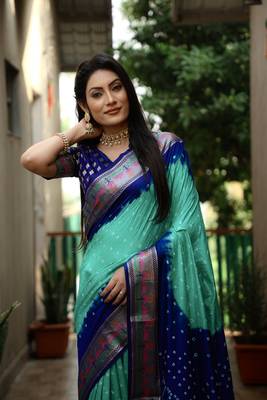 Sky Blue And Blue Woven Design Bandhej silk blend Saree With Blouse 4