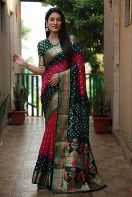 Pink And Green Woven Design Bandhej silk blend Saree With Blouse 1