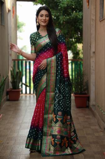 Pink And Green Woven Design Bandhej Silk Saree With Blouse