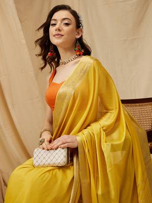 Silk land yellow zari woven pure viscose chinon saree with unstitched blouse piece 1
