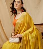 Silk land yellow zari woven pure viscose chinon saree with unstitched blouse piece