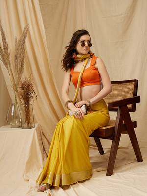 Silk land yellow zari woven pure viscose chinon saree with unstitched blouse piece 2
