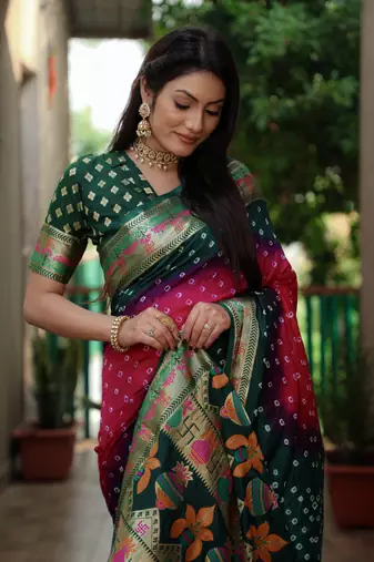 Pink And Green Woven Design Bandhej silk blend Saree With Blouse