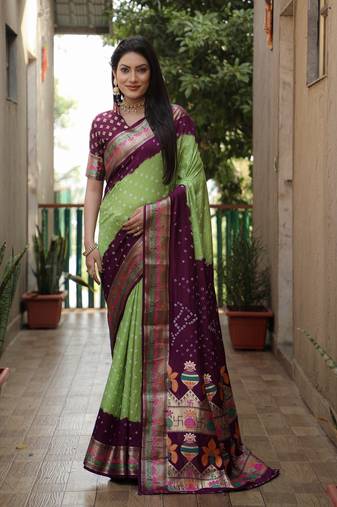 Light Green And Wine Woven Design Bandhej Silk Saree With Blouse