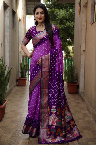 Light Purple And Purple Woven Design Bandhej Silk Saree With Blouse
