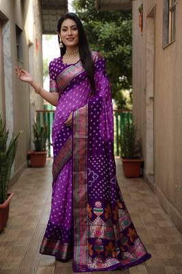 Light Purple And Purple Woven Design Bandhej silk blend Saree With Blouse 2