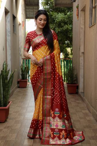 Mustard And Red Woven Design Bandhej Silk Saree With Blouse