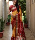 Mustard And Red Woven Design Bandhej silk blend Saree With Blouse