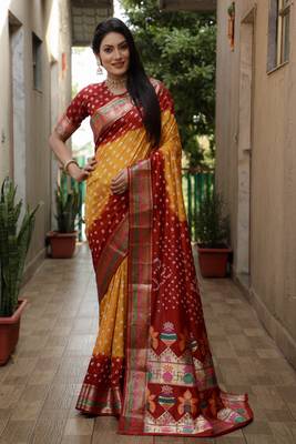 Mustard And Red Woven Design Bandhej silk blend Saree With Blouse 2