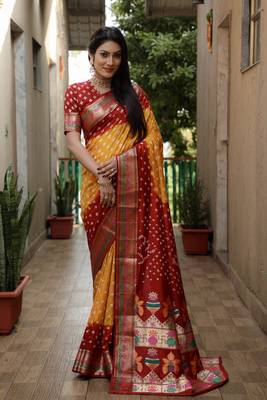 Mustard And Red Woven Design Bandhej silk blend Saree With Blouse 3