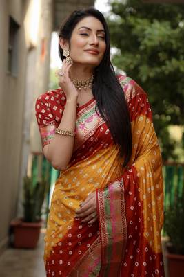 Mustard And Red Woven Design Bandhej silk blend Saree With Blouse 4