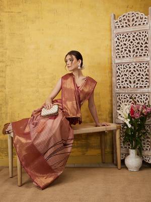 Silk Land Peach Digital Print Tusser Soft Silk Blend Saree With Unstitched Blouse Piece 1