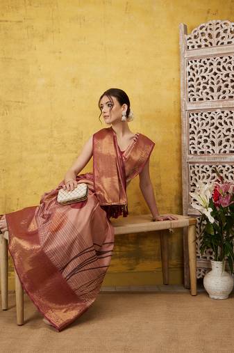 Silk Land Peach Digital Print Tusser Soft Silk Blend Saree With Unstitched Blouse Piece