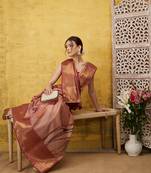 Silk Land Peach Digital Print Tusser Soft Silk Blend Saree With Unstitched Blouse Piece