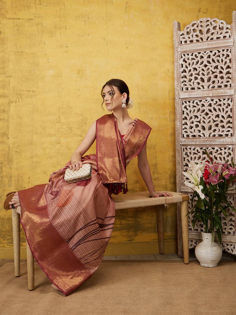 Silk Land Peach Digital Print Tusser Soft Silk Blend Saree With Unstitched Blouse Piece