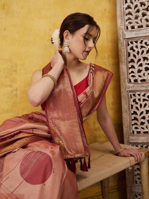 Silk Land Peach Digital Print Tusser Soft Silk Blend Saree With Unstitched Blouse Piece 2