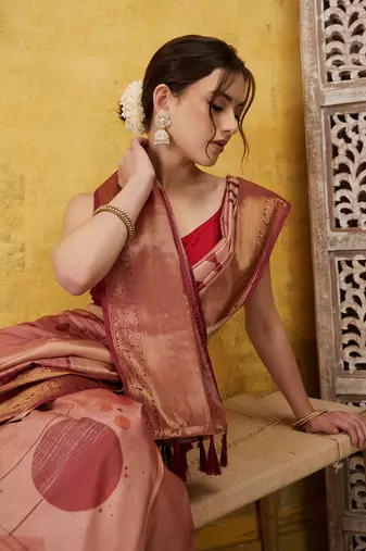 Silk Land Peach Digital Print Tusser Soft Silk Blend Saree With Unstitched Blouse Piece
