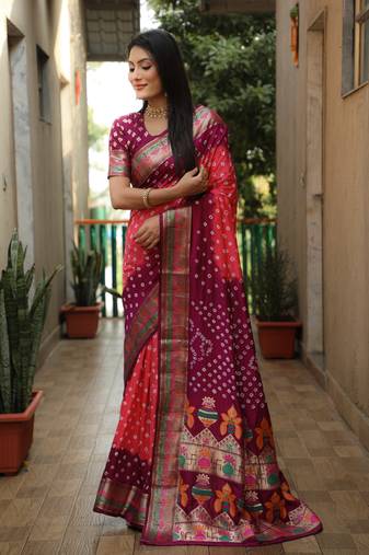 Peach And Wine Woven Design Bandhej Silk Saree With Blouse