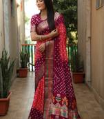 Peach And Wine Woven Design Bandhej silk blend Saree With Blouse
