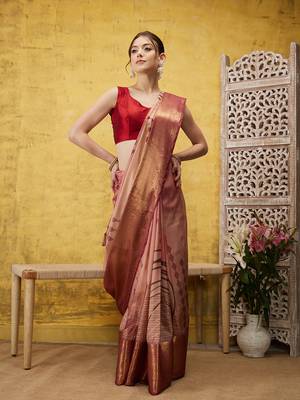 Silk Land Peach Digital Print Tusser Soft Silk Blend Saree With Unstitched Blouse Piece 3