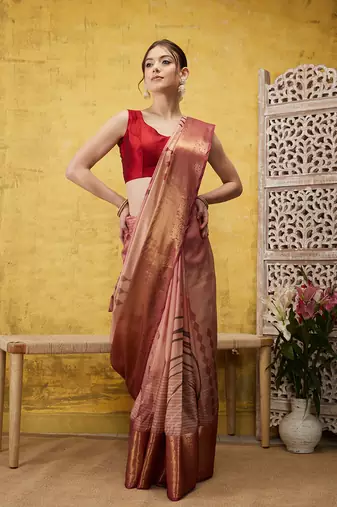 Silk Land Peach Digital Print Tusser Soft Silk Blend Saree With Unstitched Blouse Piece